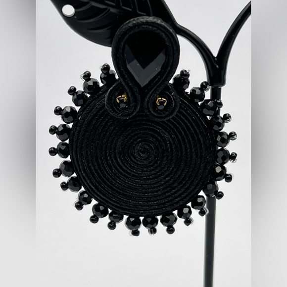 Black Elegant Round Dangle Earrings - Evening Glam Soutache Earrings - Picture 6 of 8